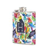 Bunte Aquarell-Papageien | addieren Ihre Initiale Flachmann (Links)