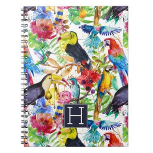Bunte Aquarell-Papageien addieren Ihre Initiale Notizblock