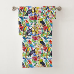 Bunte Aquarell-Papageien Badhandtuch Set