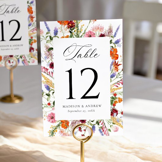 Bunte Aquarell-Wildblumen-Hochzeit Tischnummer