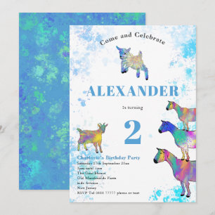 Bunte Aquarell-Ziegen-Geburtstagsfeier Blau Einladung