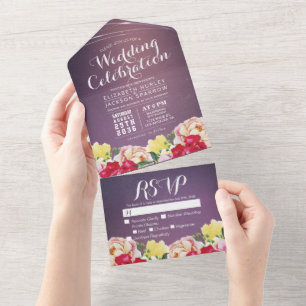 Bunte Aquarellblumen Lila Hintergrund Hochzeit RSV All In One Einladung