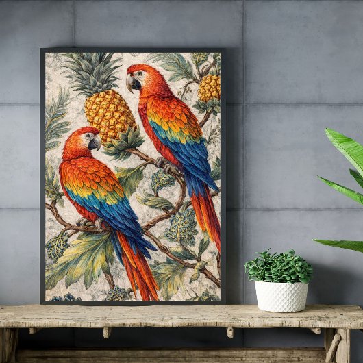 Bunte Ara Papageien mit Ananas Poster