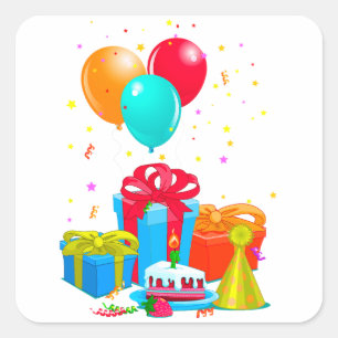 Bunte Balloons, Geschenkboxen und Geburtstagskuche Quadratischer Aufkleber