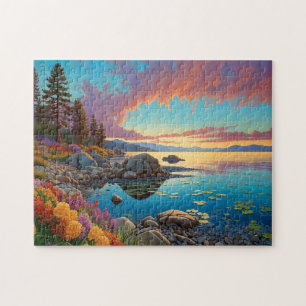 Bunte Bergsee-Blumen-Kunst Puzzle