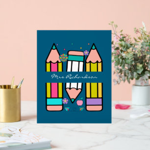 Bunte Blaue Lehrer Cartoon Bleistift Poster