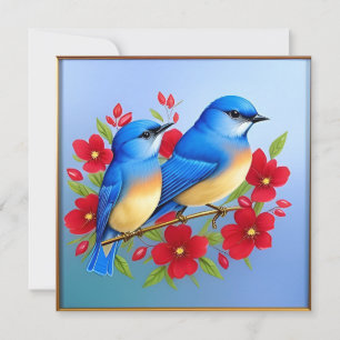 Bunte Blaue Vögel sitzen zwischen roten Blumen
