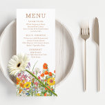 Bunte Blume Hochzeit Menükarte<br><div class="desc">Das bunte "Wild Blume Country Wedding Menu" bietet Ihnen hübsche Blume in Orange,  Gelb,  lila und Rosa auf weißem Hintergrund. Personalisieren Sie den Text in den Textfeldern,  indem Sie ihn bearbeiten. Entwickelt für Sie von ©Evco Studio www.zazzle.com/store/evcostudio</div>