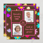 Bunte Blumen auf Brown-Foto-erstem Geburtstag Einladung (Vorne/Hinten)