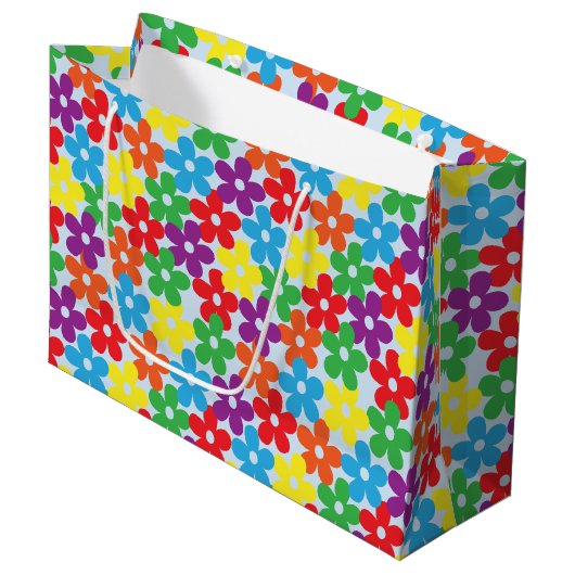 Bunte Blumen auf hellblauer großer Geschenk-Tasche Große Geschenktüte (Vorderseite Schrägansicht)