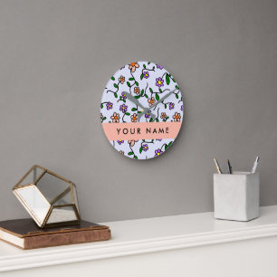 Bunte Blumen, blauer Hintergrund, Orange Runde Wanduhr