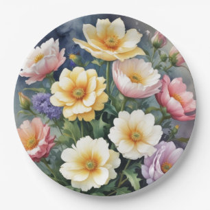 Bunte Blumen Elegante Aquarellmalerei Pappteller