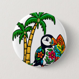 Bunte Blumen Floral Papageientaucher Surfer Surfen Button