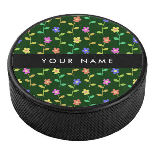 Bunte Blumen, Grüner Hintergrund, Schwarz Eishockey Puck