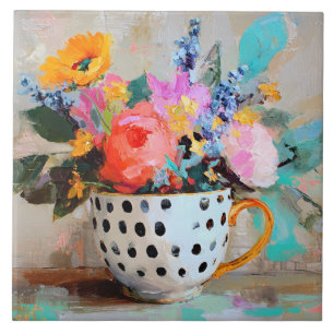 Bunte Blumen in einer Tasse mit Punkten Fliese