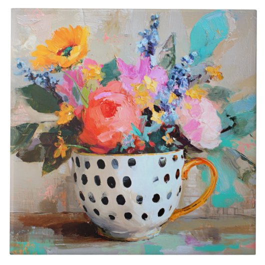Bunte Blumen in einer Tasse mit Punkten Fliese (Vorderseite)
