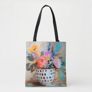 Bunte Blumen in einer Tasse mit Punkten Tasche
