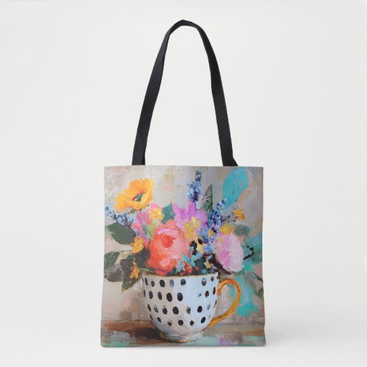 Bunte Blumen in einer Tasse mit Punkten Tasche (Vorderseite)
