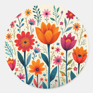 Bunte Blumen-Kunst-Illustration, Runder Aufkleber