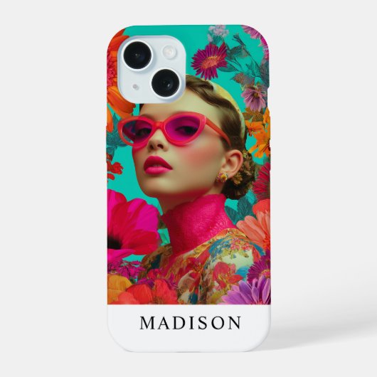 Bunte Blumenkunst-Frau iPhone 15 Hülle (Rückseite)