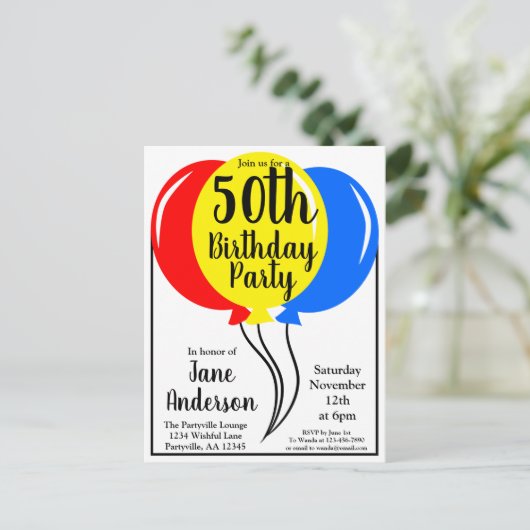 Bunte Bollons zum Geburtstag Fünfter Einladungspostkarte (Stehend Vorderseite)