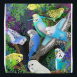 Bunte Budgerigar-Papageien in FarneBandana Kopftuch<br><div class="desc">Ursprünglicher Kunstentwurf des bunten budgie oder der Budgerigarpapageien in den Farnen durch Künstler Carolyn McFann zwei des schnurrenden Katzen-Studios druckte auf einem Qualität Bandana für Papageienliebhaber.</div>