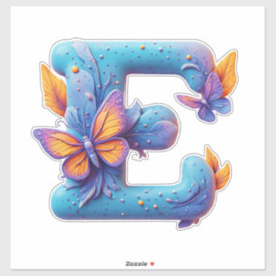 Bunte Butterflies auf dem hellblauen Buchstaben E Aufkleber