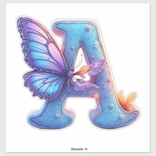 Bunte Butterflies auf hellblauem Buchstaben A sitz Aufkleber (Blatt)