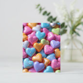 Bunte Candy Love Hearts Postkarte (Stehend Vorderseite)