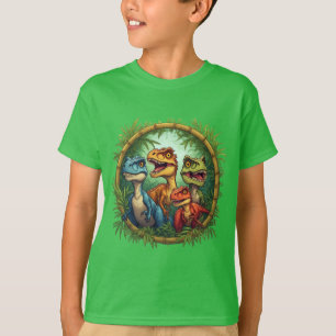 Bunte Cartoon-Dinosaurier im Bambusrahmen T-Shirt