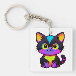 Bunte Cartoon-Katze mit Neonfarben Schlüsselanhänger
