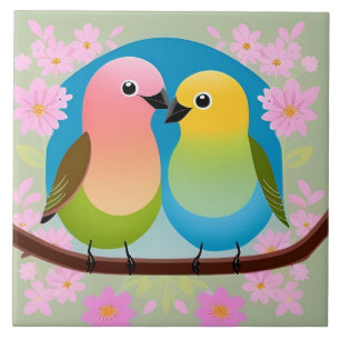 Bunte Cartoon-Vögel auf einem Ast Fliese