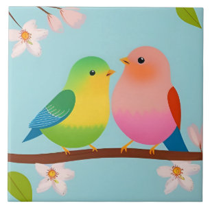 Bunte Cartoon-Vögel auf einem Ast Fliese