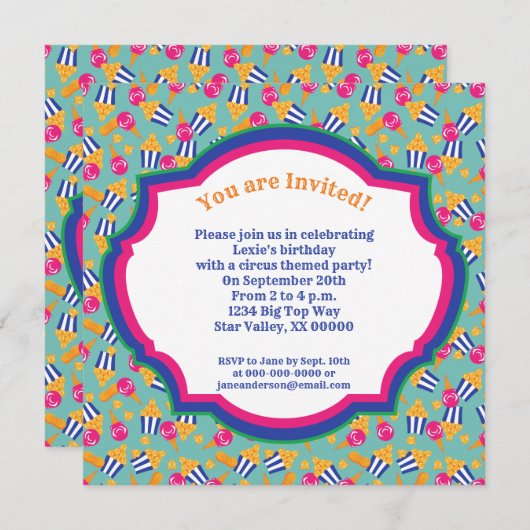 Bunte Circus Snacks und Show Ponys Geburtstag Einladung (Vorne/Hinten)