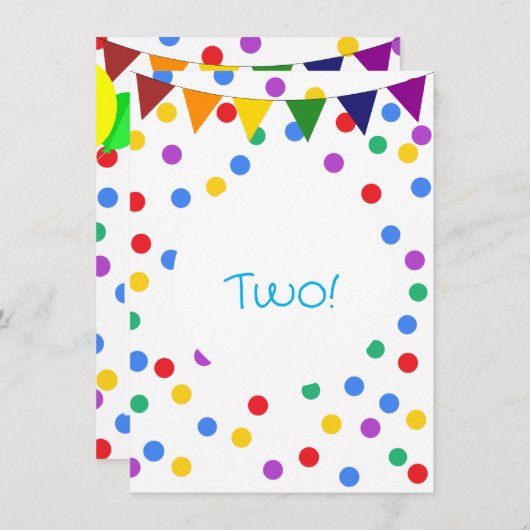 Bunte Confetti Dots and Balloons 2. Geburtstag Einladung (Vorne/Hinten)