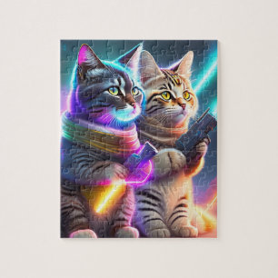 Bunte Cyberpunk-Katzen mit Laserwaffen Puzzle