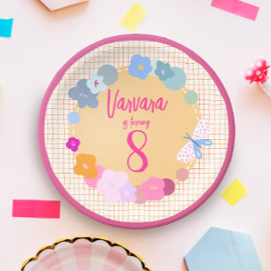 Bunte Dopamin-Blumen-Geburtstagsmädchen-Papierplat Pappteller