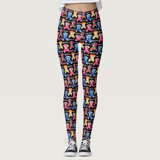 Bunte Dreieck-Muster-Mops-Silhouette-Mops-Liebe Leggings (Vorderseite)