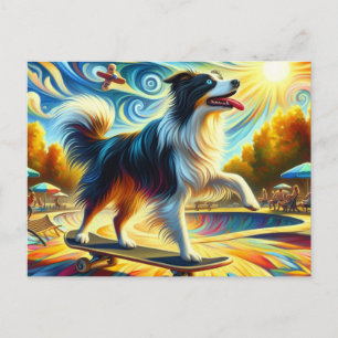 Bunte dreifarbige Border Collie beim Skateboardfah Postkarte