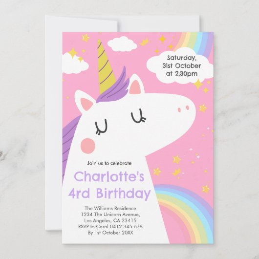 Bunte Einhorn- und Regenbogenfeier Einladung (Vorderseite)