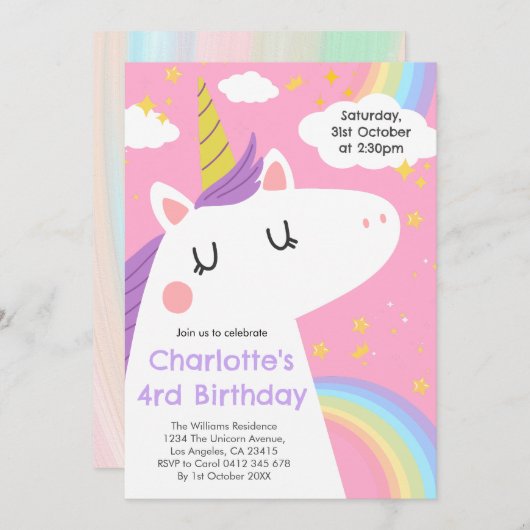 Bunte Einhorn- und Regenbogenfeier Einladung (Vorne/Hinten)