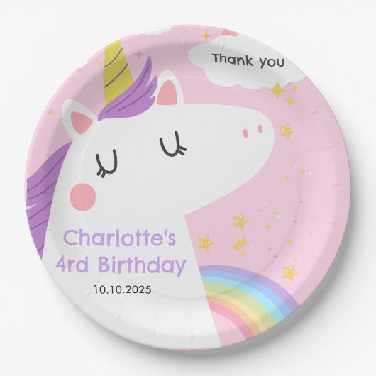 Bunte Einhorn- und Regenbogenfeier Pappteller (Vorderseite)