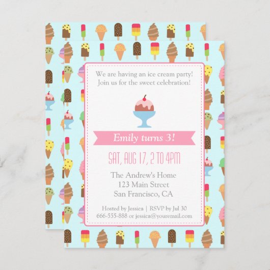 Bunte Eiscreme-Muster-Party Einladungen (Vorne/Hinten)