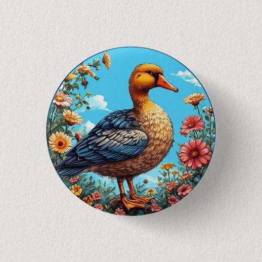 Bunte Ente zwischen lebendigen Blumen Button (Vorderseite)