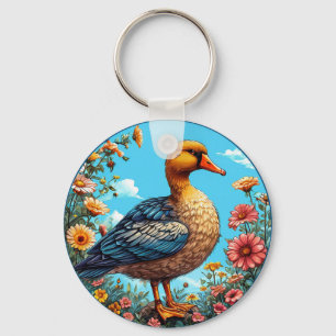 Bunte Ente zwischen lebendigen Blumen Schlüsselanhänger