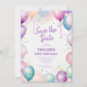 Bunte erste Geburtstagsparty Save The Date (Vorderseite)