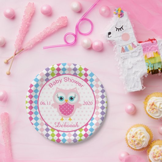 Bunte Eule, Diamantmuster-Babyparty Platte Pappteller (Party)
