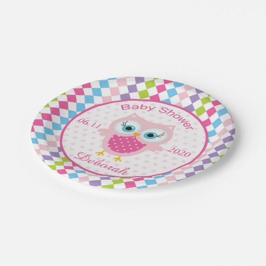 Bunte Eule, Diamantmuster-Babyparty Platte Pappteller (Schrägansicht)
