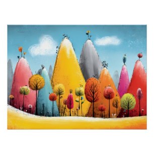 bunte Fantasie Landschaft - Berge und Bäume Poster