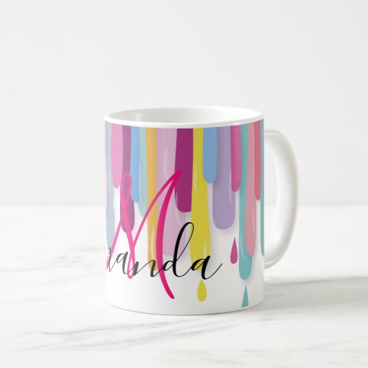 Bunte Farbe, die abstraktes Monogramm tropft Kaffeetasse (VorderseiteRechts)